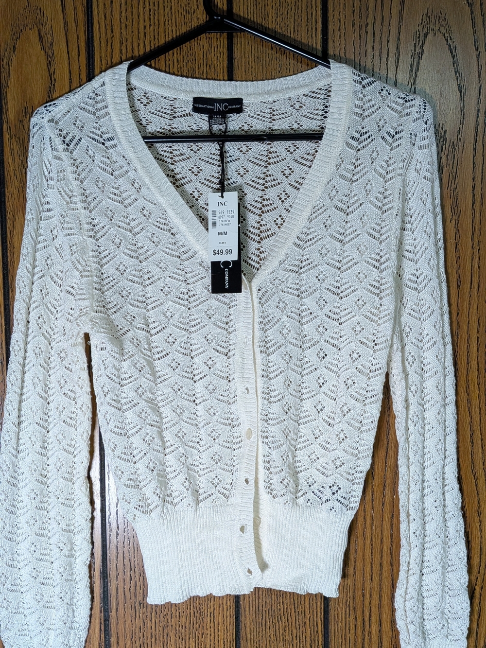 INC International Concepts Cream Crochet V-Neck Button-Front Cardigan